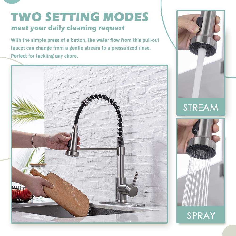 Brushed Nickel Kitchen Faucet With Pull-Down Sprayer - Single Handle For 1 Or 3 Hole Sink, RV & Laundry