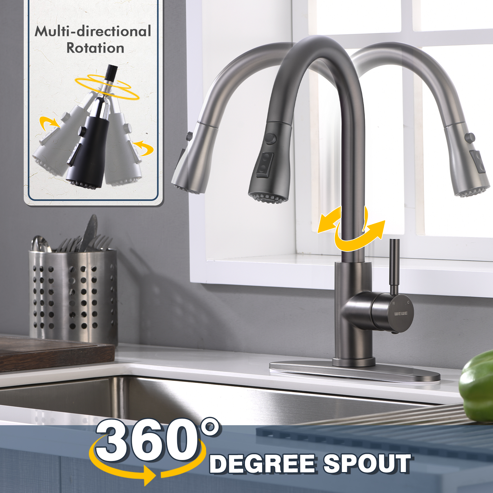 メーカー純正品[充電不要 1年保証] Black Stainless Kitchen Faucet with Pull Down Sprayer  WEWE, Single Handle Commercial Modern RV Laundry Stainless Steel Sink  Faucet with Soap Dispenser